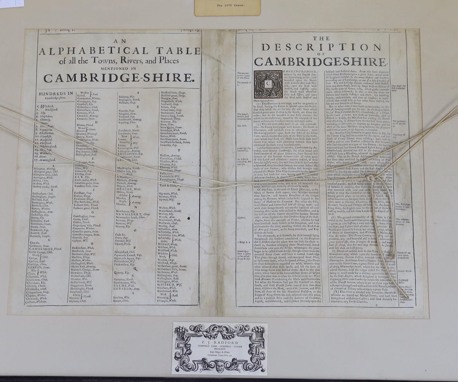 John Speede, coloured engraving, Map of Cambridgeshire, 1676 issue, English text verso, 39 x 53.5cm